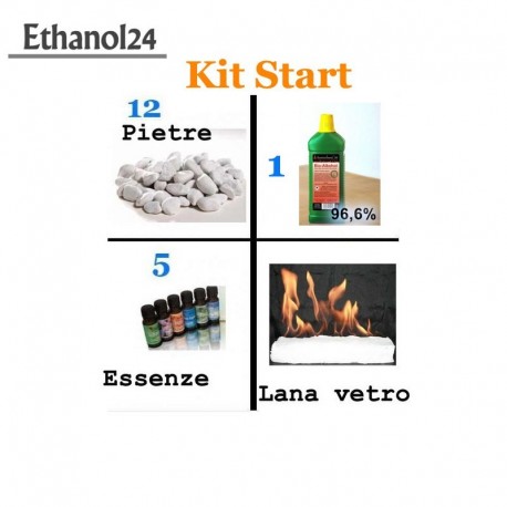Kit Start 1 Litro Bioetanolo + pietre decorative + 5 essence + lana di vetro